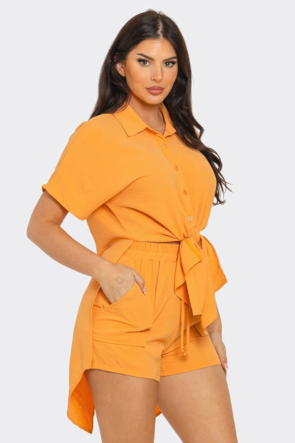 Front Tie Back Oversized Slit Top And Shorts Set - Women's set - SmartBuyApparel