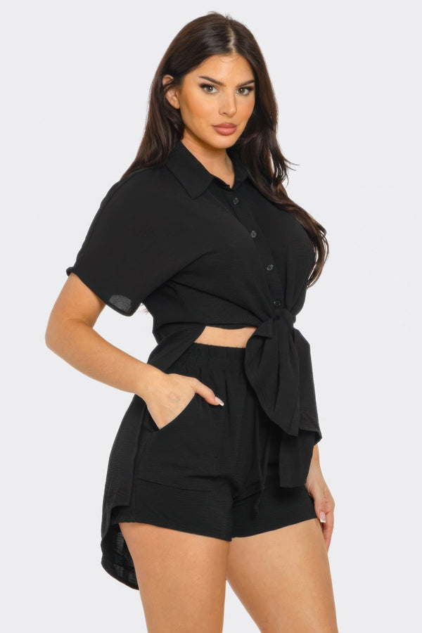 Front Tie Back Oversized Slit Top And Shorts Set - Women's set - SmartBuyApparel