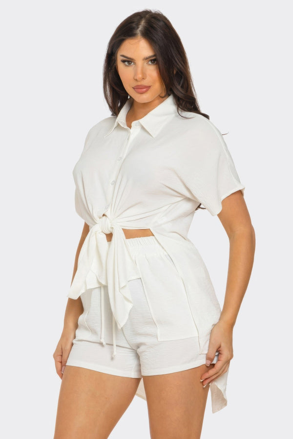 Front Tie Back Oversized Slit Top And Shorts Set - Women's set - SmartBuyApparel