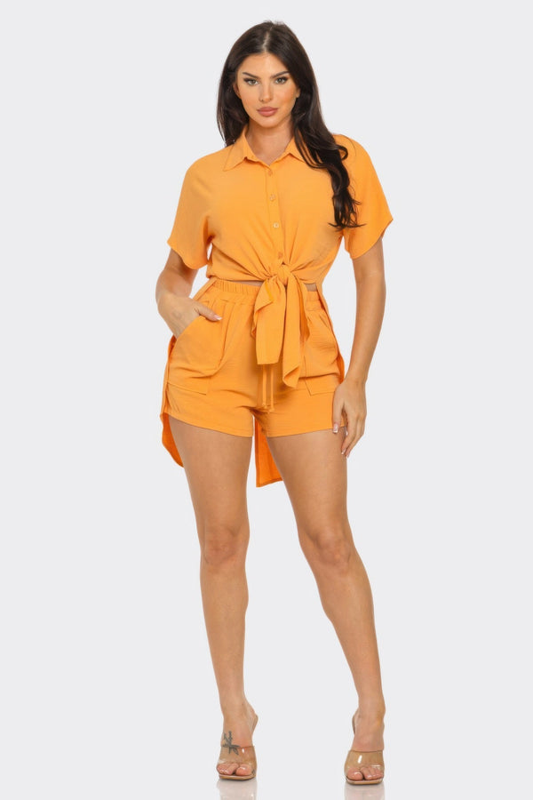 Front Tie Back Oversized Slit Top And Shorts Set - Women's set - SmartBuyApparel