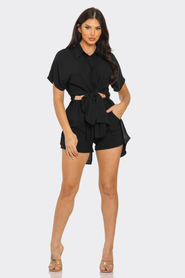 Front Tie Back Oversized Slit Top And Shorts Set - Women's set - SmartBuyApparel