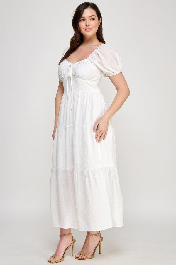 Front Tie Puff Sleeve Tired Maxi Dress - | SmartBuyApparel