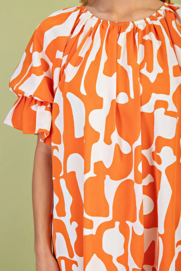 Geometric Print Loose Fit Mini Dress With Gathered Balloon Sleeves - | SmartBuyApparel