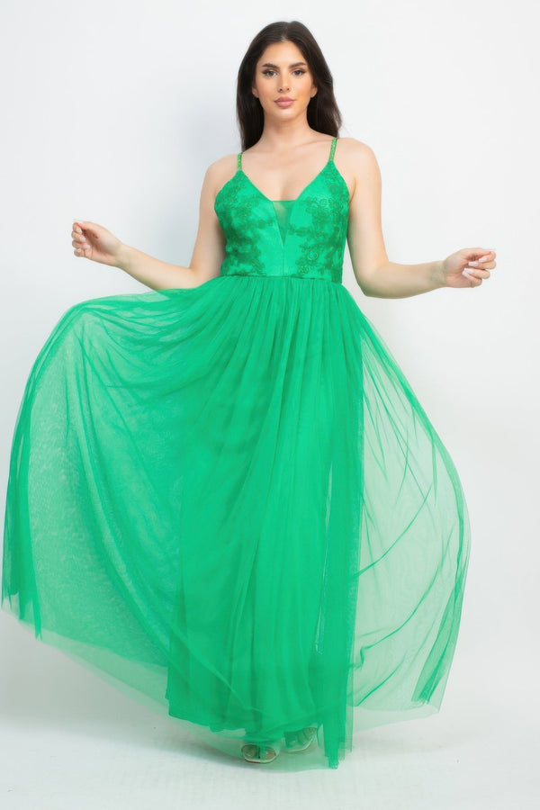 Glittered Straps Mesh Tulle Maxi Dress - Dress - SmartBuyApparel