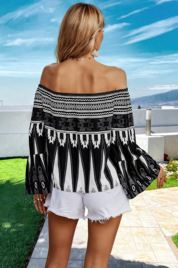 Graphic Print Butterfly Sleeves Off Shoulder Top - | SmartBuyApparel
