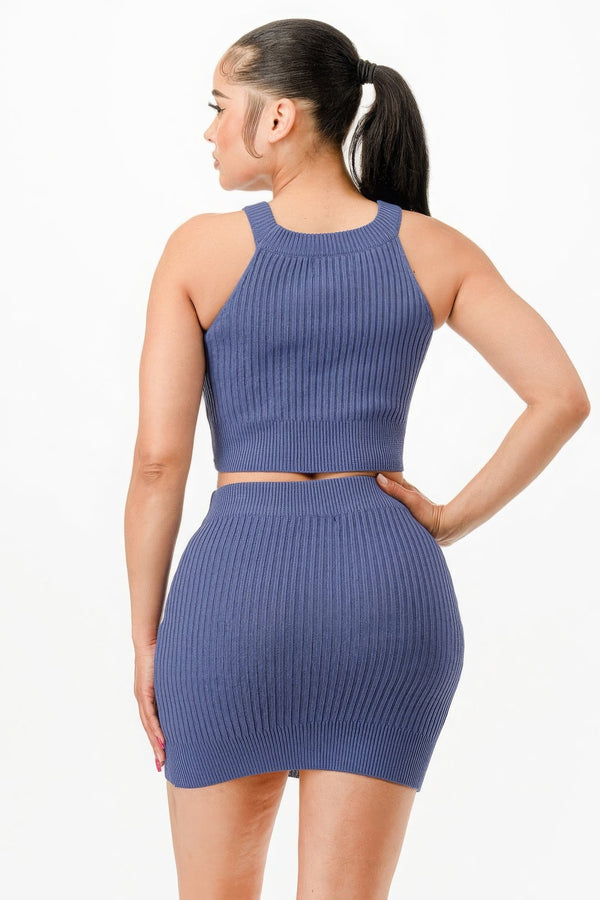 Halter Neck Tank Top And Bodycon Mini Skirt Set - | SmartBuyApparel