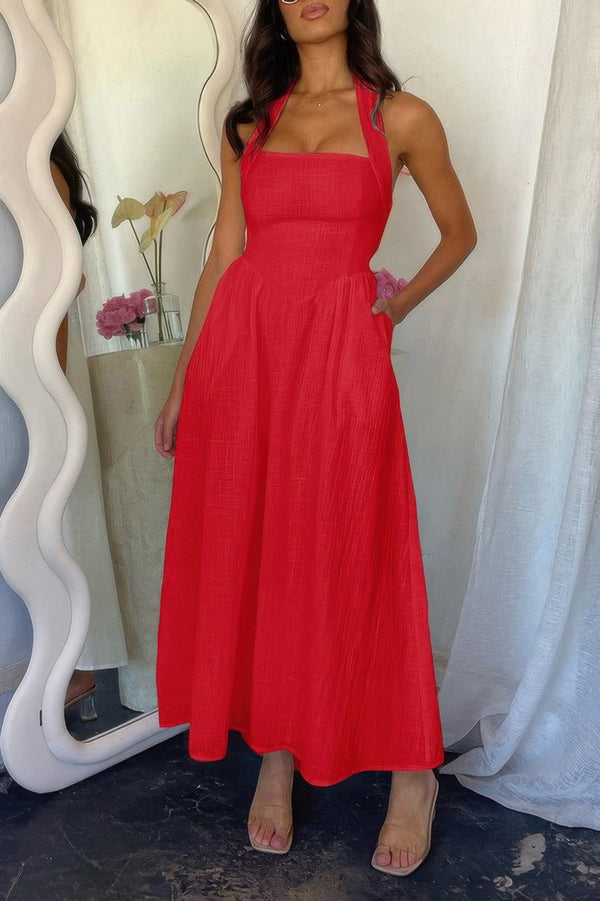 Halter Solid Pockets Sleeveless A Line Long Dress - | SmartBuyApparel
