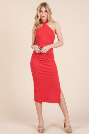 Halter Tied Criss - cross Midi Ribbed Dress - | SmartBuyApparel