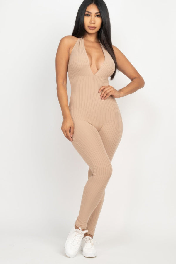 Halter V Neck Ribbed Bodycon Jumpsuit - Jumpsuit - SmartBuyApparel