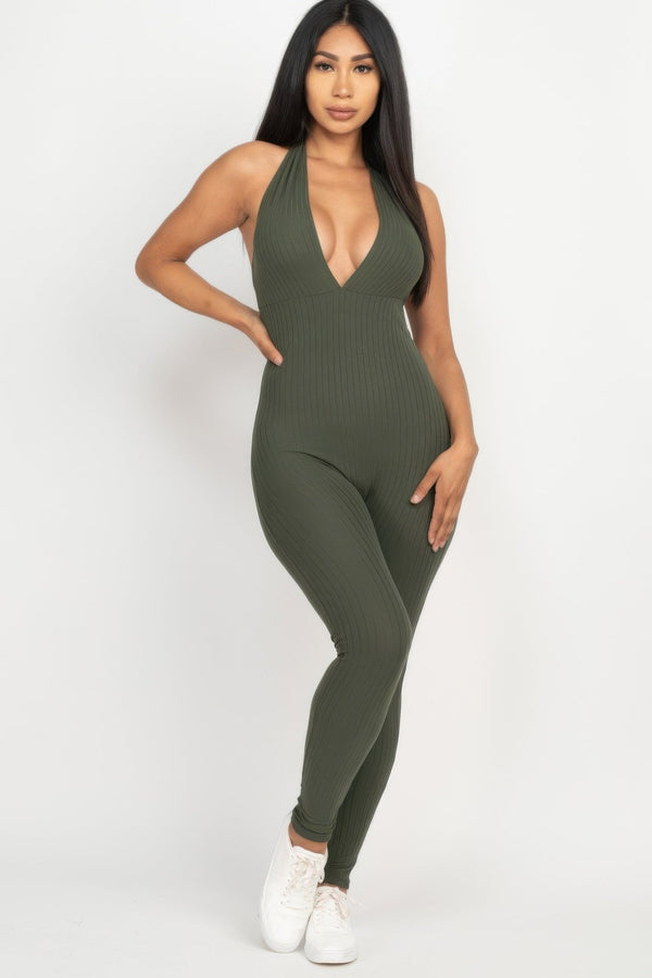 Halter V Neck Ribbed Bodycon Jumpsuit - Jumpsuit - SmartBuyApparel