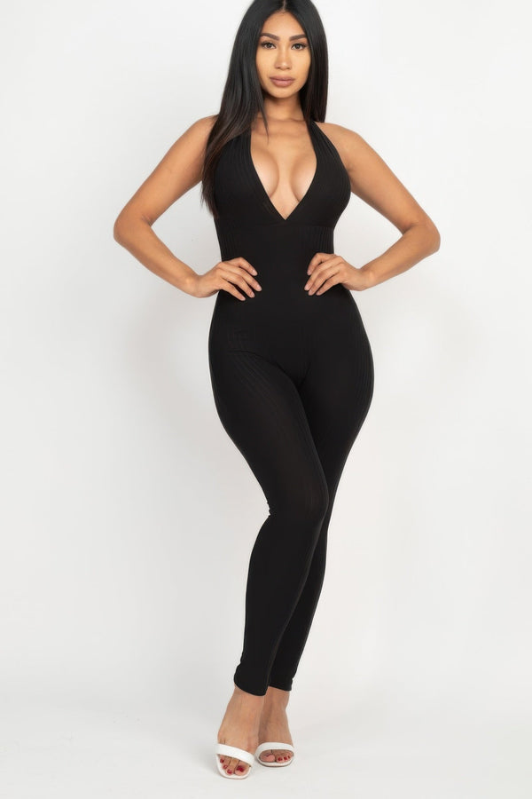 Halter V Neck Ribbed Bodycon Jumpsuit - Jumpsuit - SmartBuyApparel