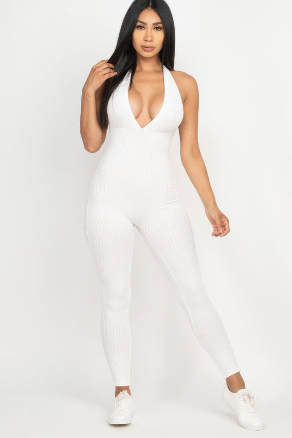 Halter V Neck Ribbed Bodycon Jumpsuit - Jumpsuit - SmartBuyApparel