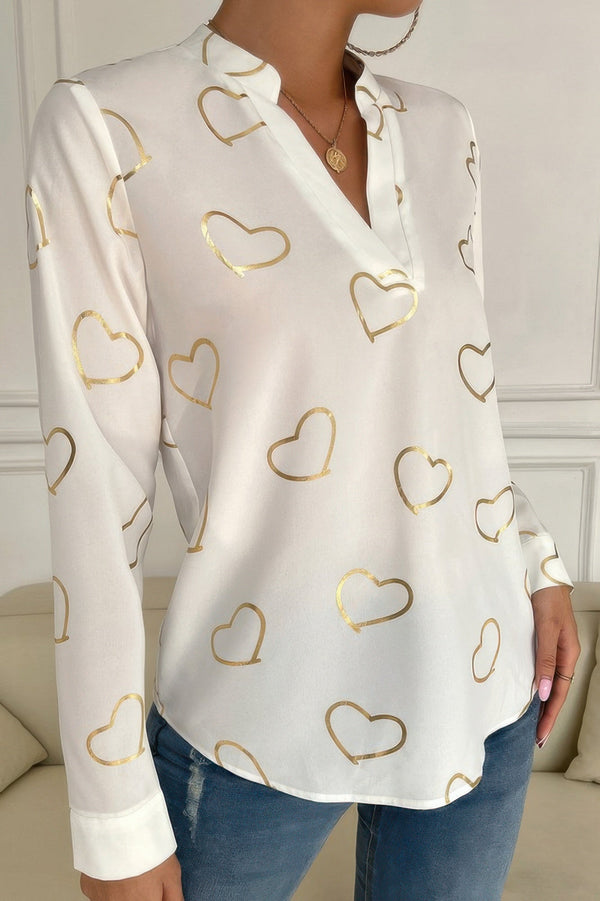Heart Print V Neck Fit Blouse - | SmartBuyApparel