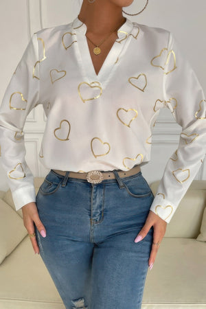 Heart Print V Neck Fit Blouse - | SmartBuyApparel