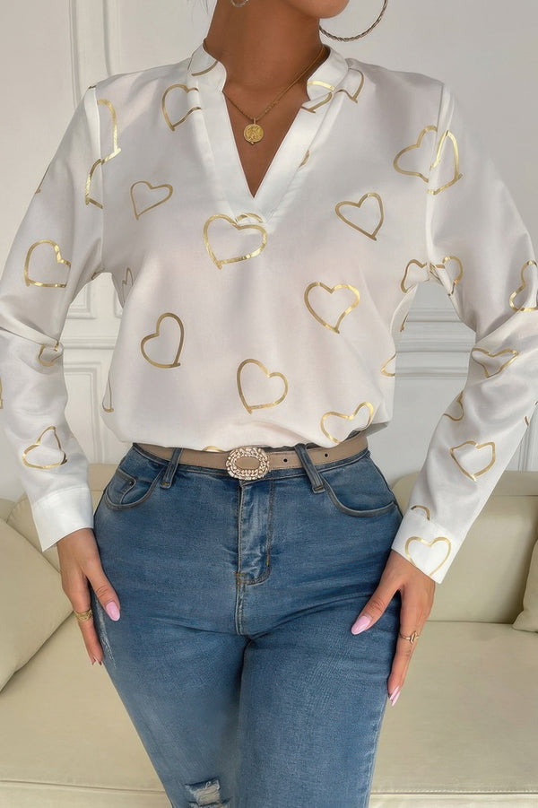 Heart Print V Neck Fit Blouse - | SmartBuyApparel