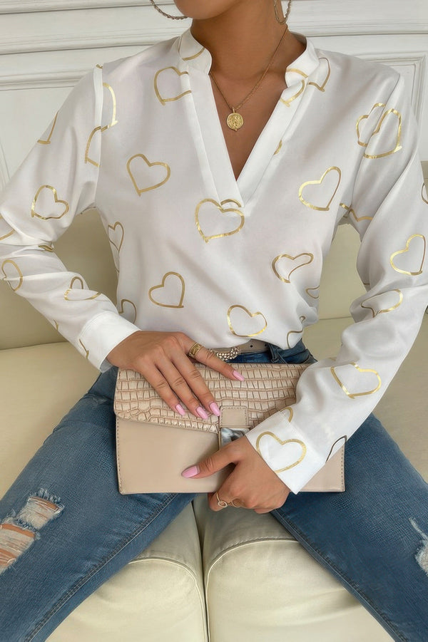 Heart Print V Neck Fit Blouse - | SmartBuyApparel