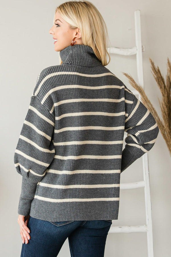 Heavy Knit Striped Turtle Neck Knit Sweater - Women's sweater - SmartBuyApparel