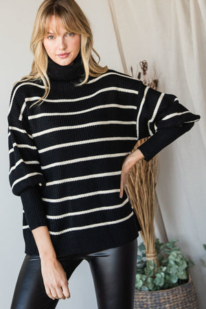 Heavy Knit Striped Turtle Neck Knit Sweater - Women's sweater - SmartBuyApparel