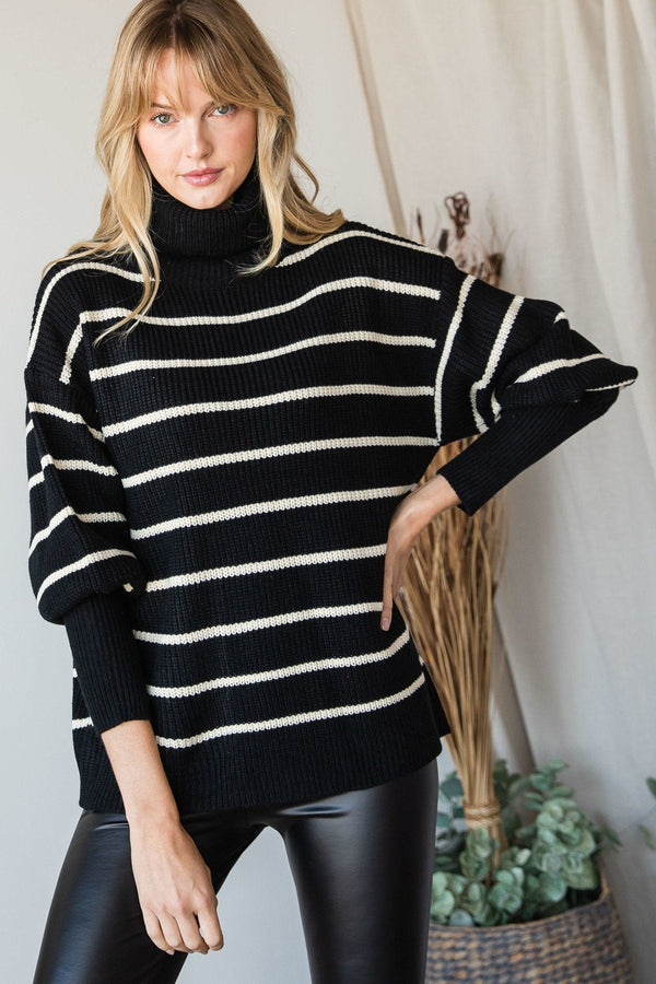 Heavy Knit Striped Turtle Neck Knit Sweater - Women's sweater - SmartBuyApparel