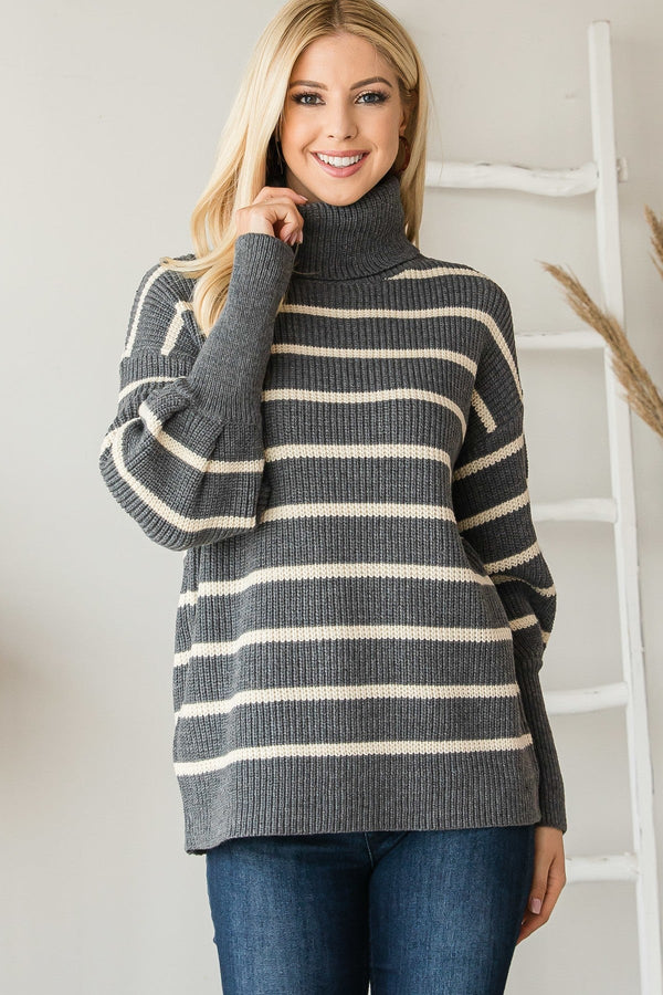Heavy Knit Striped Turtle Neck Knit Sweater - Women's sweater - SmartBuyApparel