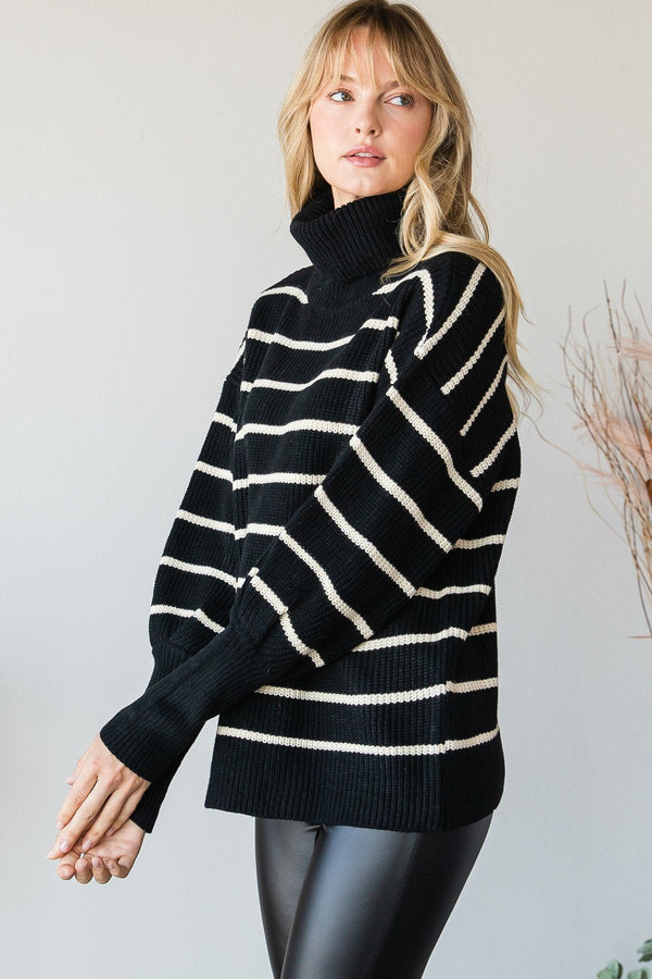 Heavy Knit Striped Turtle Neck Knit Sweater - Women's sweater - SmartBuyApparel