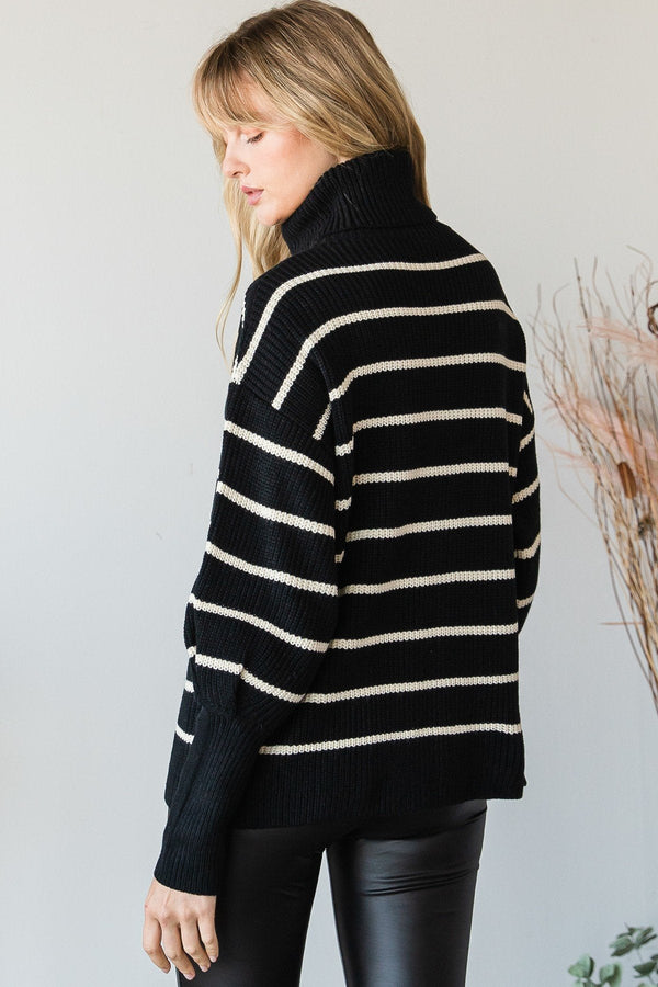 Heavy Knit Striped Turtle Neck Knit Sweater - Women's sweater - SmartBuyApparel