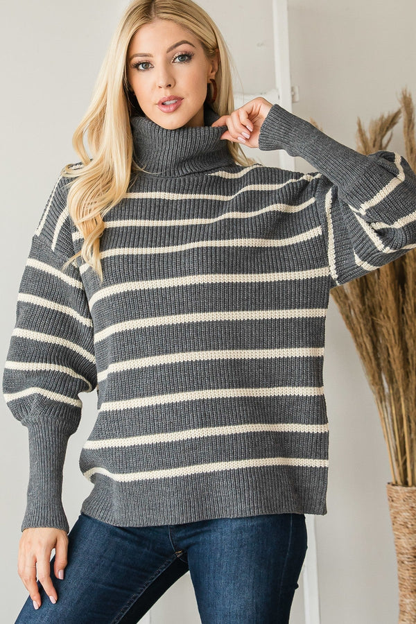 Heavy Knit Striped Turtle Neck Knit Sweater - Women's sweater - SmartBuyApparel