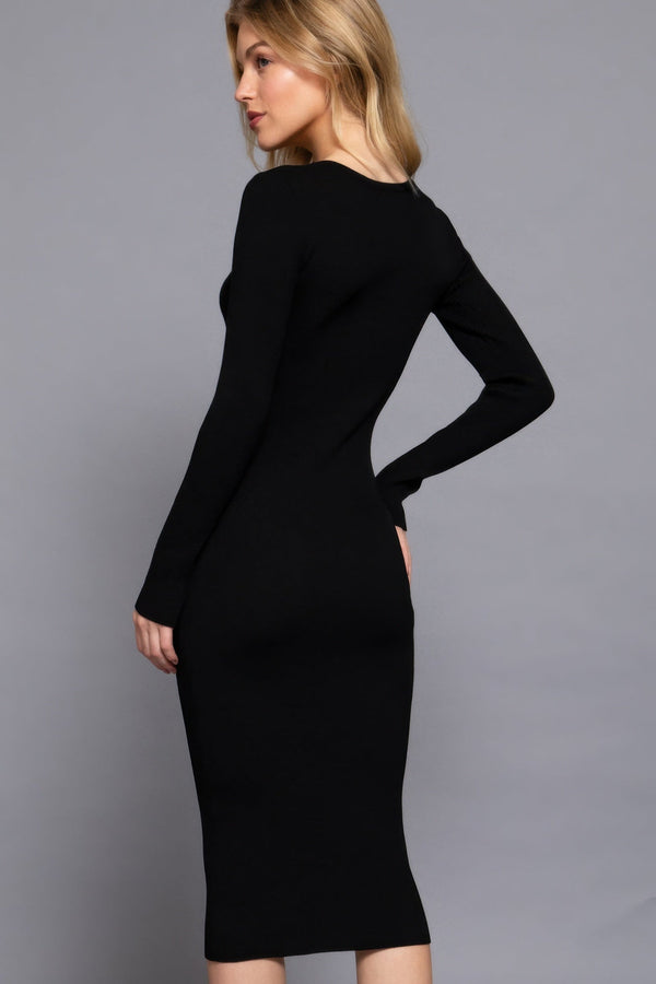 Henley Neck Midi Sweater Dress - Dress - SmartBuyApparel