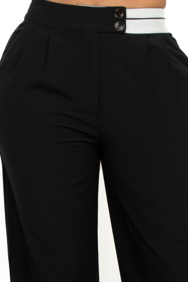 High - Rise Wide Elastic Contrast Waist Pants - Women's Pants - SmartBuyApparel