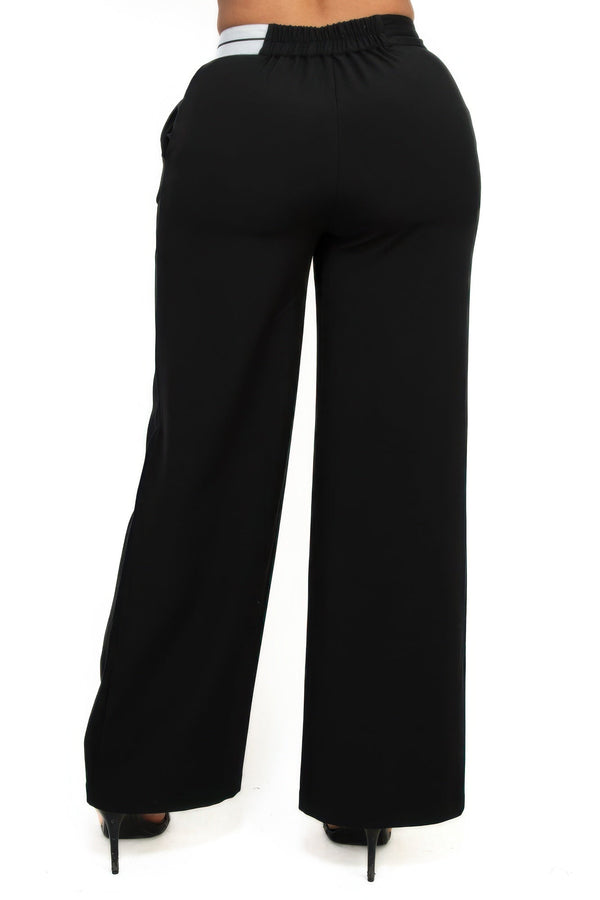 High - Rise Wide Elastic Contrast Waist Pants - Women's Pants - SmartBuyApparel