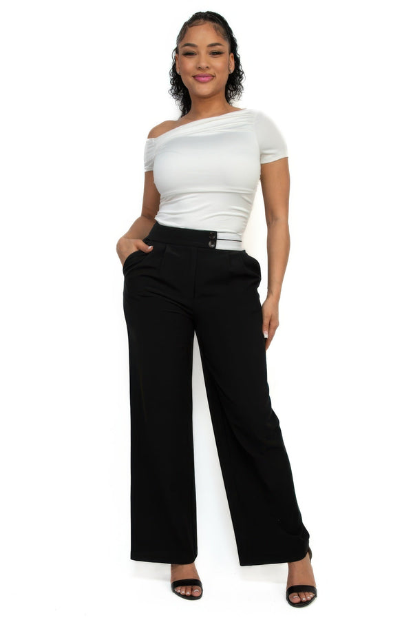 High - Rise Wide Elastic Contrast Waist Pants - Women's Pants - SmartBuyApparel