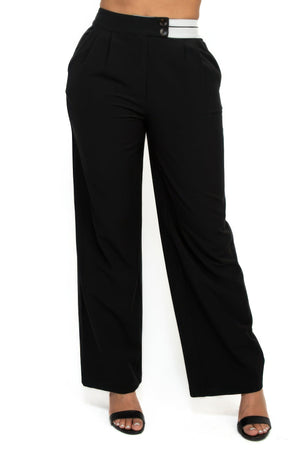High - Rise Wide Elastic Contrast Waist Pants - Women's Pants - SmartBuyApparel