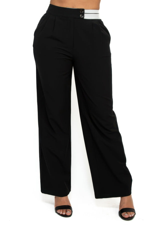 High - Rise Wide Elastic Contrast Waist Pants - Women's Pants - SmartBuyApparel