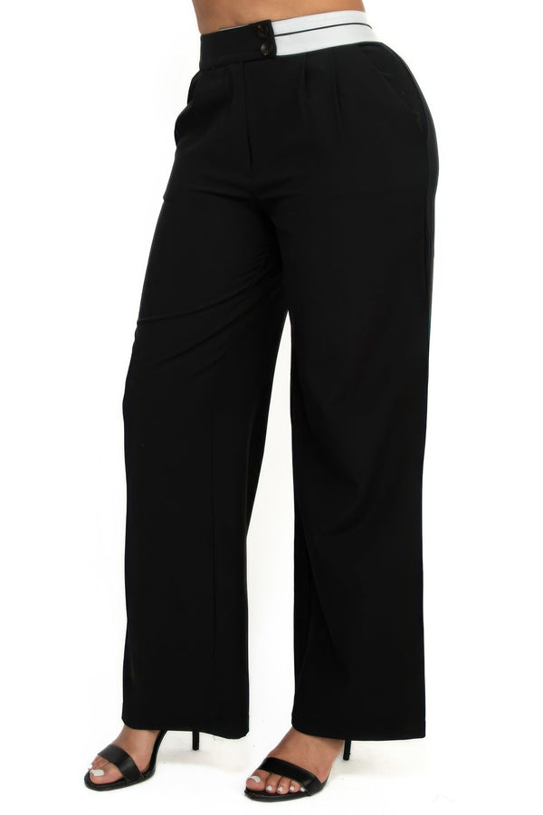 High - Rise Wide Elastic Contrast Waist Pants - Women's Pants - SmartBuyApparel