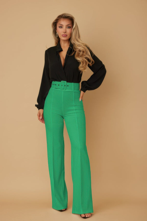High Waist Pants With Buckle Belt - Pants - SmartBuyApparel