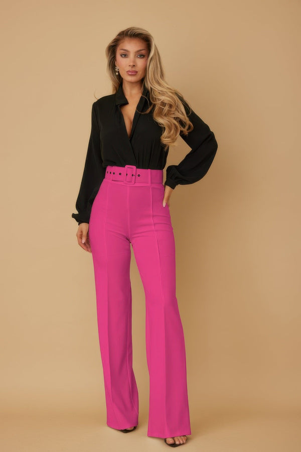 High Waist Pants With Buckle Belt - Pants - SmartBuyApparel