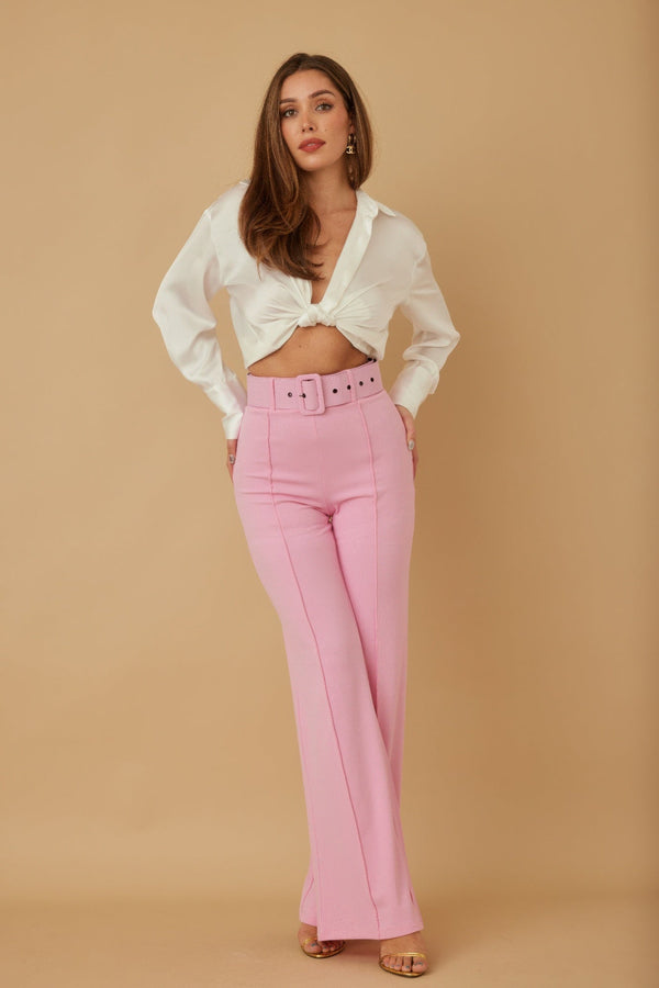 High Waist Pants With Buckle Belt - Pants - SmartBuyApparel
