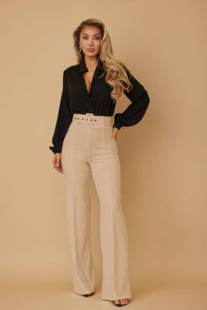 High Waist Pants With Buckle Belt - Pants - SmartBuyApparel