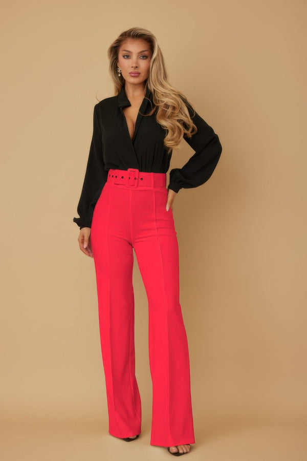 High Waist Pants With Buckle Belt - Pants - SmartBuyApparel