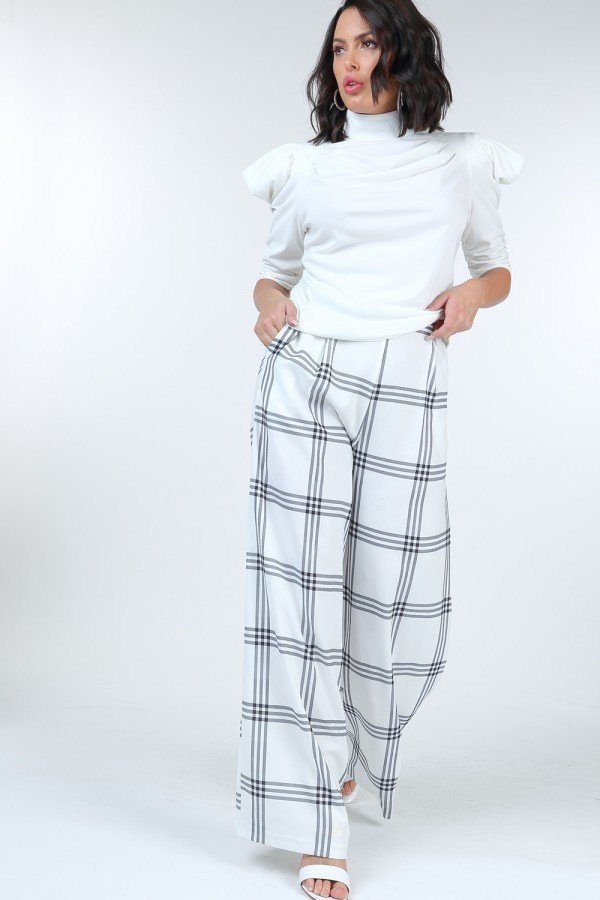 High Waist Plaid Print Wide Leg Pants - Women's Pants - SmartBuyApparel