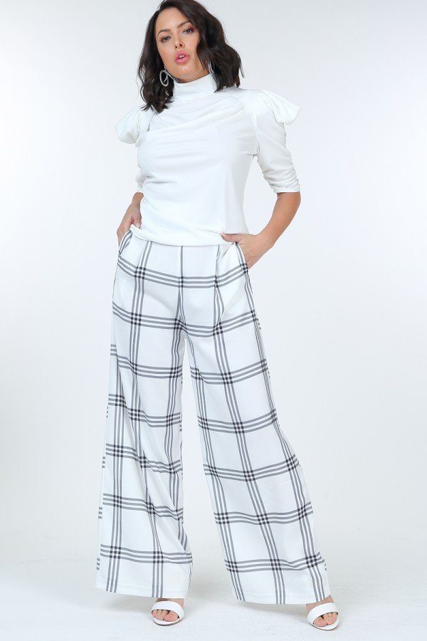 High Waist Plaid Print Wide Leg Pants - Women's Pants - SmartBuyApparel