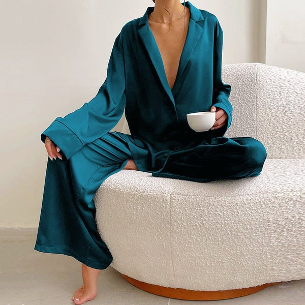 Hiloc Oversized Satin Silk Sleepwear Low Cut Sexy Pajamas For Women Single - Breasted Long Sleeves Wide Leg Pants Trouser Suits - SmartBuyApparel - 