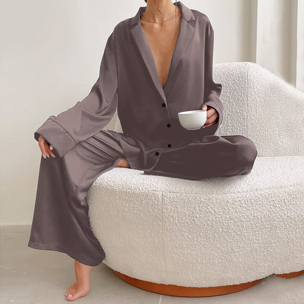 Hiloc Oversized Satin Silk Sleepwear Low Cut Sexy Pajamas For Women Single - Breasted Long Sleeves Wide Leg Pants Trouser Suits - SmartBuyApparel - 