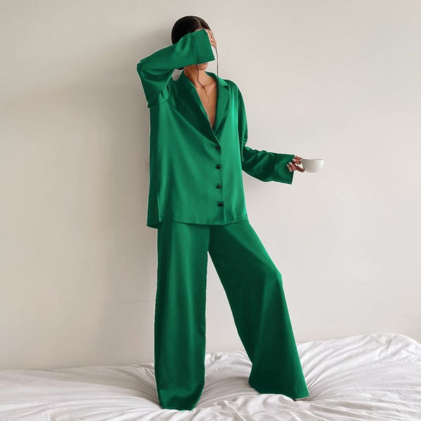 Hiloc Oversized Satin Silk Sleepwear Low Cut Sexy Pajamas For Women Single - Breasted Long Sleeves Wide Leg Pants Trouser Suits - SmartBuyApparel - 