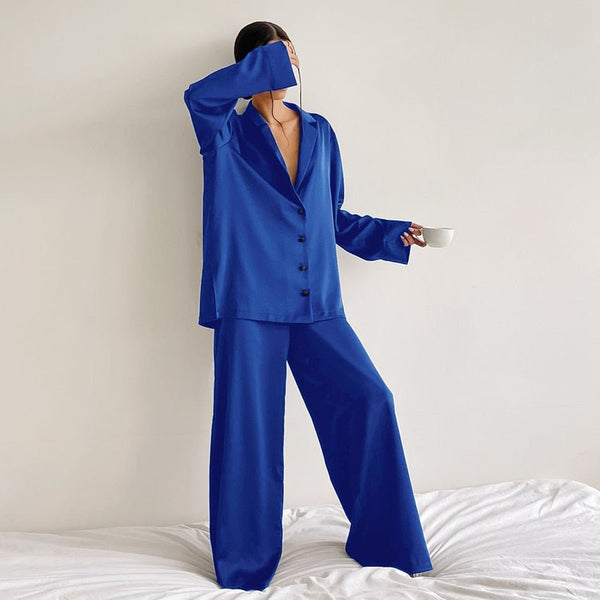 Hiloc Oversized Satin Silk Sleepwear Low Cut Sexy Pajamas For Women Single - Breasted Long Sleeves Wide Leg Pants Trouser Suits - SmartBuyApparel - 