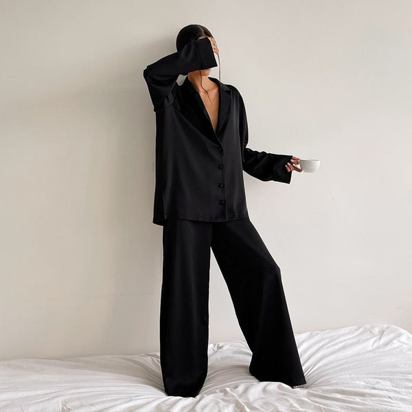 Hiloc Oversized Satin Silk Sleepwear Low Cut Sexy Pajamas For Women Single - Breasted Long Sleeves Wide Leg Pants Trouser Suits - SmartBuyApparel - 