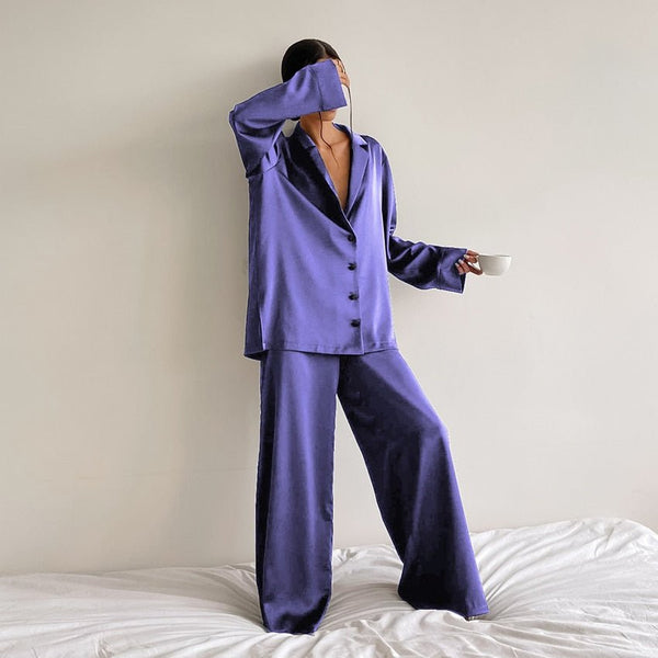 Hiloc Oversized Satin Silk Sleepwear Low Cut Sexy Pajamas For Women Single - Breasted Long Sleeves Wide Leg Pants Trouser Suits - SmartBuyApparel - 