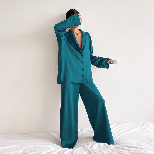 Hiloc Oversized Satin Silk Sleepwear Low Cut Sexy Pajamas For Women Single - Breasted Long Sleeves Wide Leg Pants Trouser Suits - SmartBuyApparel - 