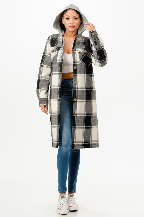 Hooded Plaid Coat - Coat - SmartBuyApparel