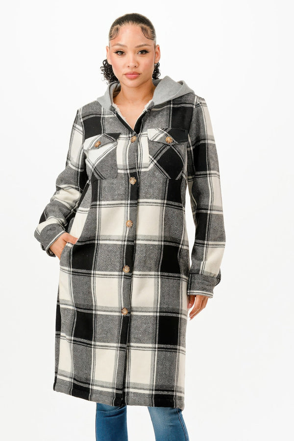 Hooded Plaid Coat - Coat - SmartBuyApparel